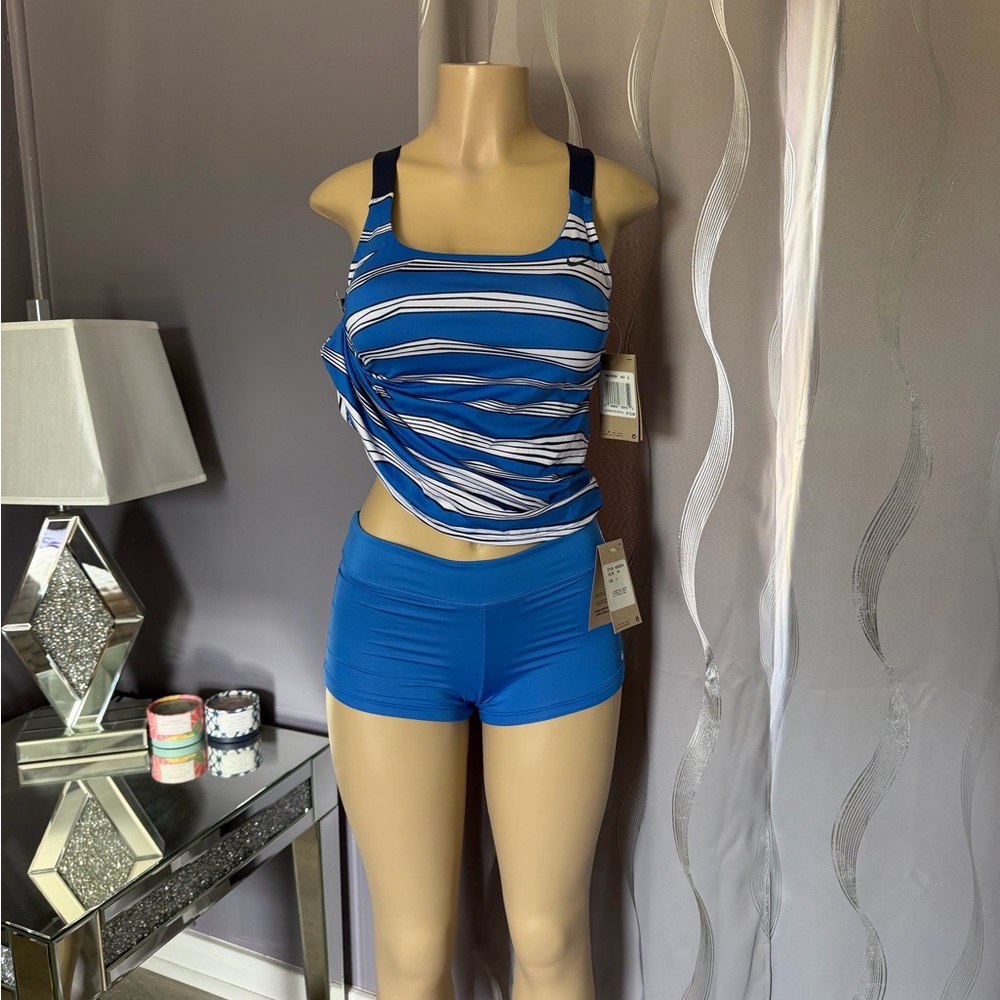 Nike Blue & White Striped Tankini with Solid Blue Swim Shorts